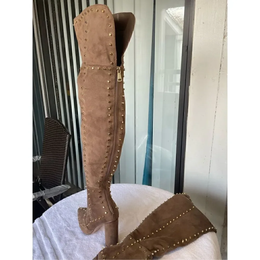 New Venus Faux Suede Studded Over the knee Taupe Boots